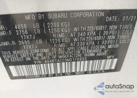 2021 Subaru Outback Premium from USA, damaged, VIN 4S4BTACC5M3170933